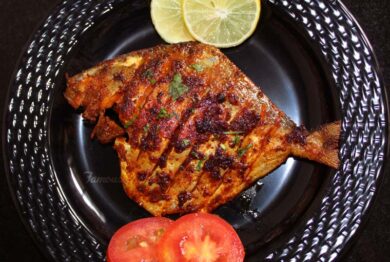 Pamphlet Fish Fry Recipe image in a black plate