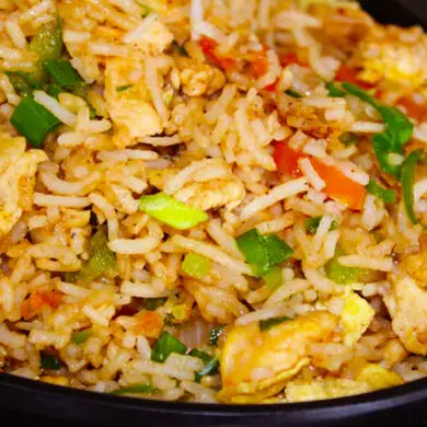 chicken fried rice recipe in black plate