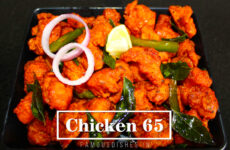 recipe of chicken 65 in a black pan