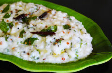 rice curd recipe image in a green plate