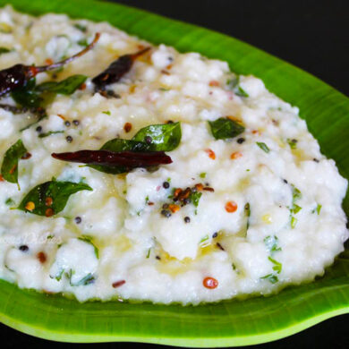 rice curd recipe image in a green plate